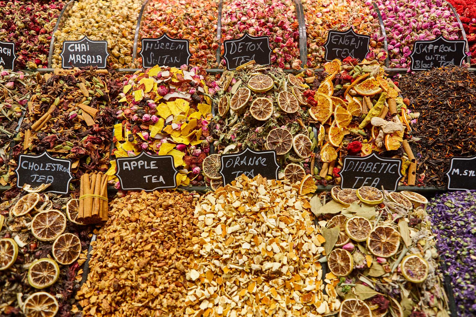 Different kinds of tea leaves in a shop